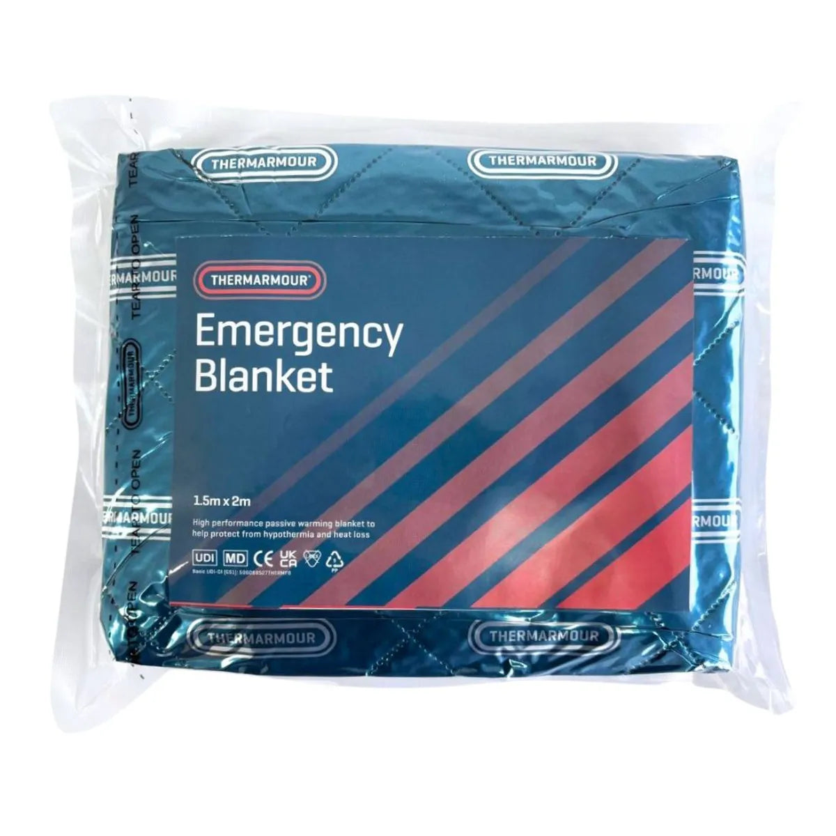 THERMARMOUR Emergency Foil/Fleece Rescue Blanket - Compact w/ Tape Strip (1.5m x 2m)