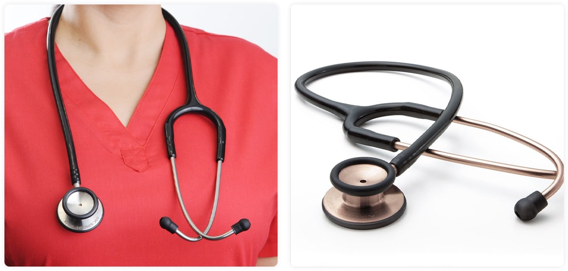 A stethoscope next to a red case
